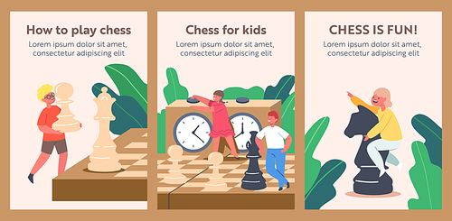 Kids Playing Chess in Club Banners. Children with Huge Figures on Chessboard Enjoying Logic Activities and Game. Characters Tournament, Education, Learning or Hobby. Cartoon People Vector Illustration