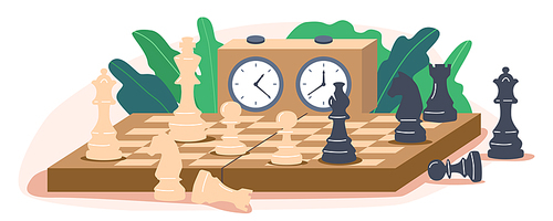 Chequered Chessboard with Black and White Chess Pieces Isolated on White Background. Strategic and Tactics Game, Intelligent Hobby Activity, Competition or Tournament. Cartoon Vector Illustration
