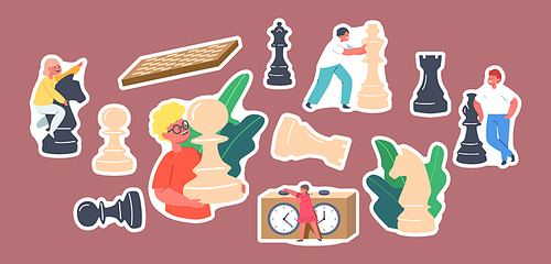 Set of Stickers Kids Playing Chess in Club, Little Children with Huge Figures on Chessboard Enjoying Logic Activities and Game. Characters Education or Hobby. Cartoon People Vector Illustration