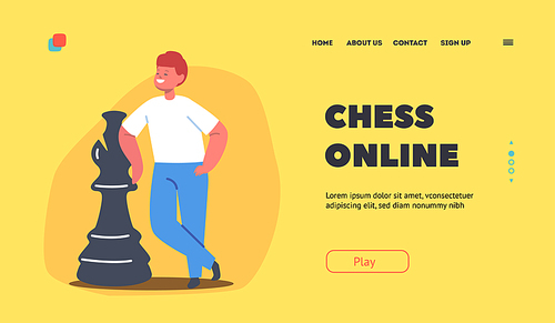 Chess Online Landing Page Template. Boy Stand at Chessboard with Huge Figure. Kid Playing Chess in Club, Enjoying Logic Activities and Game. Child Character Hobby. Cartoon People Vector Illustration