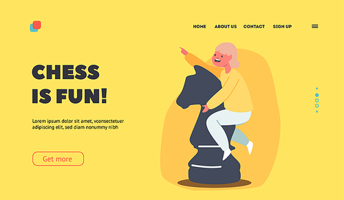 Chess is Fun Landing Page Template. Little Girl Character Sitting on Huge Horse Figure Playing Chess. Child Enjoying Tactics Game and Logic Activities. Kid Hobby. Cartoon People Vector Illustration