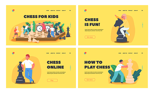 Kids Playing Chess Landing Page Template Set. Children Playing with Huge Figures on Chessboard Enjoying Logic Activities and Game. Characters Education or Hobby. Cartoon People Vector Illustration