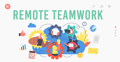 Remote Teamwork Landing Page Template. Webcam Group Conference with Coworkers. Business Characters, Office Employees Speak on Video Call with Colleagues Online. Cartoon People Vector Illustration