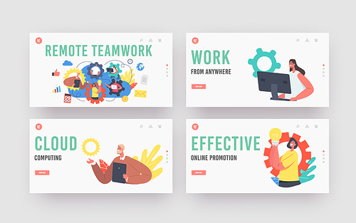 Remote Teamwork Landing Page Template Set. Webcam Group Conference with Coworkers. Business Characters, Office Employees Speak on Video Call with Colleagues Online. Cartoon People Vector Illustration
