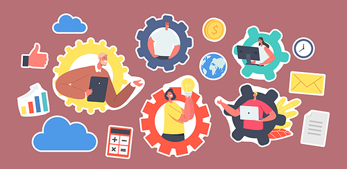 Set of Stickers Business Characters Remote Team Working. Webcam Group Conference with Coworkers via Computer or Digital Device. Employees Speak Online, Discuss Idea. Cartoon People Vector Illustration