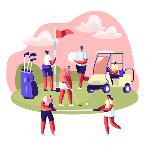 Happy People on Golf Field, Summer Relaxing at Golfclub. Summertime Sports, Outdoor Fun Activity, Healthy Lifestyle. Young Characters with Golf Equipment and Cart. Cartoon Flat Vector Illustration