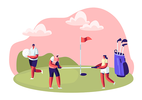 Group of Young People Playing Golf on Course with Green Grass, Flagstick, Hole and Professional Equipment, Sport Game, Tournament, Summer Spare Time, Luxury Recreation Cartoon Flat Vector Illustration