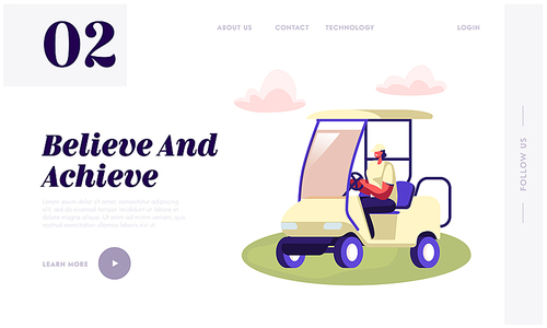 Young Woman Driving Cart on Golf Course Website Landing Page, Country Sports Club, Resort with Green Play Field, Summer Sport Tournament, Competition Web Page. Cartoon Flat Vector Illustration, Banner