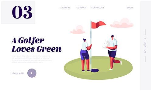 Young Golfers Couple Playing Golf Website Landing Page, Man Golf Player Put Ball into Hole on Green Course, Woman Hold Flag, Countryside Golfclub Web Page, Cartoon Flat Vector Illustration, Banner