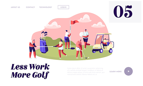 Young Characters with Golf Equipment and Cart, Happy People Relaxing on Golf Field, Sports, Outdoors Fun, Healthy Lifestyle Website Landing Page, Web Page. Cartoon Flat Vector Illustration, Banner