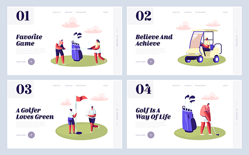 Happy People on Golf Field Website Landing Page Set, Summer Relaxing at Golfclub, Summertime Sports, Outdoor Activity, Characters with Golf Equipment Web Page. Cartoon Flat Vector Illustration, Banner