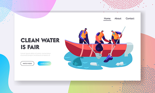 World Ocean Pollution. People in Boat Collecting Plastic Garbage in Sea. Polluted Water Environment. Trash, Ecology Protection. Website Landing Page, Web Page. Cartoon Flat Vector Illustration, Banner