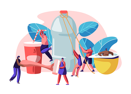 People Characters Using Plastic Things. Opening Water Bottle, Drinking Beverage Cup, Carrying Shaving Machine, Sitting in Yogurt Container, Human Products Consuming. Cartoon Flat Vector Illustration