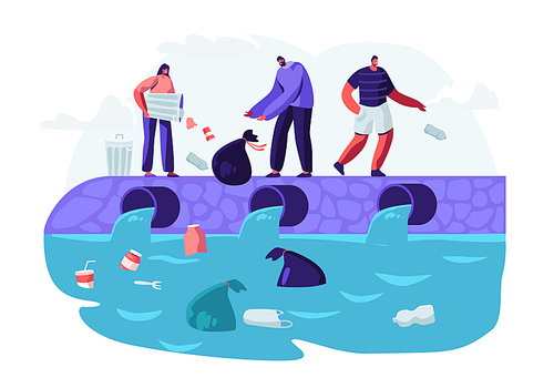 Water Plastic Pollution. People Dumping Garbage Into River, Trowing Trash from Bags and Litter Bins. Ocean Pollution, Ecology, Environment Protection, Conceptual Cartoon Flat Vector Illustration