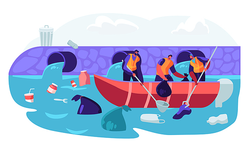 World Ocean Pollution. People in Boat Collecting Plastic Garbage Waste Floating in Sea. Polluted Water Environment. Ecology Ocean Water, Trash, Ecology Protection. Cartoon Flat Vector Illustration