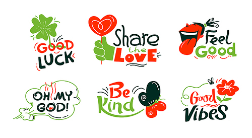 Good Mood Icons Set Isolated on White Background. Colorful Banners and Badges with Doodle Elements, Hand Written Typography. Clover, Flower and Bee Stickers, Smiling Face. Cartoon Vector Illustration