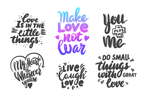 set of love lettering phrases for banner or valentine day greeting cards isolated on white . hand drawn black quotes, handwritten monochrome tshirt prints with hearts. vector illustration