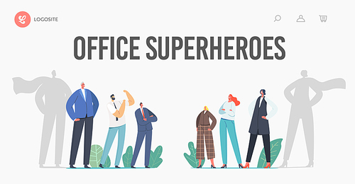 Gender Sex Team Rivalry, Office Superheroes Landing Page Template. Self Confident Men and Women Opposition, Struggle. Male and Female Characters with Cloak Shadow. Cartoon People Vector Illustration