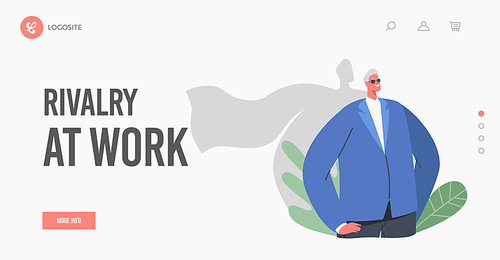 Rivalry at Work Landing Page Template. Businessman Character with Shadow in Superhero Cloak Stand with Arms Akimbo, Entrepreneur Show Power, Most Great Financial Result. Cartoon Vector Illustration