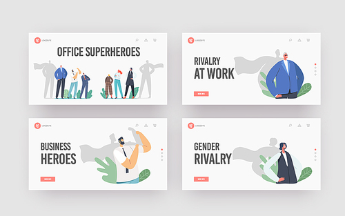 Gender Sex Team Rivalry, Office Superheroes Landing Page Template Set. Confident Men and Women Opposition, Struggle. Male and Female Characters with Cloak Shadow. Cartoon People Vector Illustration