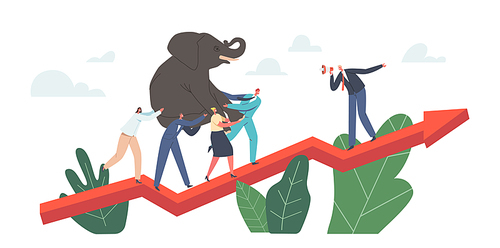 Power Team Characters Climbing at Huge Growing Arrow Graph with Heavy Elephant on Hands. Leader with Loudspeaker Manage Process. Business People Teamwork Challenge Concept. Cartoon Vector Illustration