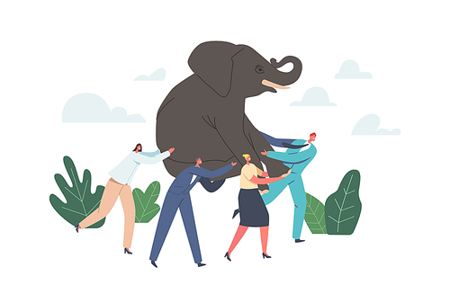 Teamwork and Leadership Concept. Business Power Team Holding Huge Elephant on Hands, Businesspeople Teammates Characters Challenge, Go to of Success in Career. Cartoon People Vector Illustration