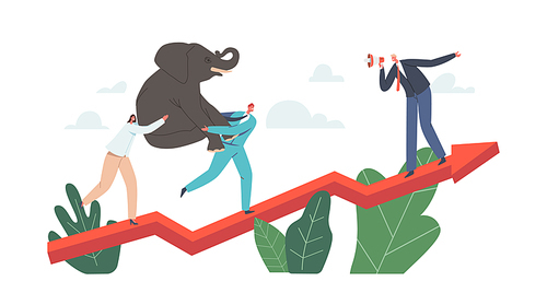 Business Characters Power Team Holding Elephant on Hands Climbing Growing Arrow Graph, Corporate Challenge, Finance Success, Career Growth, Cooperation Partnership. Cartoon People Vector Illustration