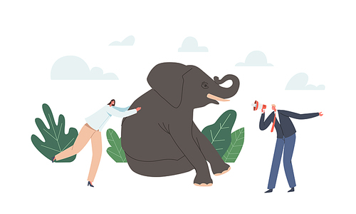 Leadership, Career or Corporate Challenge Concept. Powerful Business Woman Pushing Huge Elephant, Business Man Character with Megaphone, Road Success in Career. Cartoon People Vector Illustration