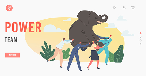 Teamwork Landing Page Template. Business Power Team Holding Huge Elephant on Hands, Businesspeople Teammates Characters Challenge, Go to of Success in Career. Cartoon People Vector Illustration