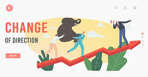 Change of Direction Landing Page Template. Business Characters Power Team Holding Elephant on Hands Climbing Growing Arrow Graph, Corporate Challenge, Cooperation. Cartoon People Vector Illustration