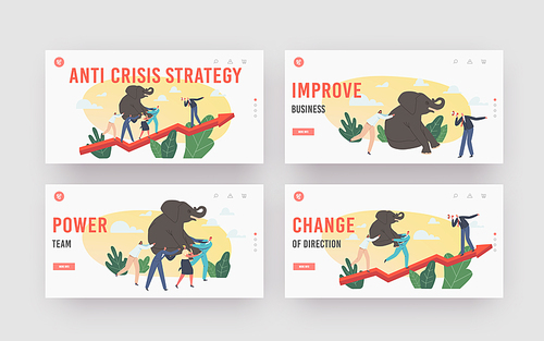 Teamwork Challenge Landing Page Template Set. Power Team Characters Climbing at Huge Growing Arrow Graph with Heavy Elephant on Hands. Business People Anti Crisis Strategy. Cartoon Vector Illustration