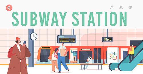 Subway Station Landing Page Template. People on Platform with Train, Escalator, Map, Clock and Digital Display. Characters at Public Metro, Urban Commuter, City Transport. Cartoon Vector Illustration