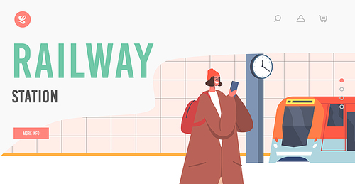 Railway Station Landing Page Template. Passenger Girl at Public City Commuter Tunnel. Smiling Female Character Speaking by Smartphone Stand at Subway Underground Platform. Cartoon Vector Illustration
