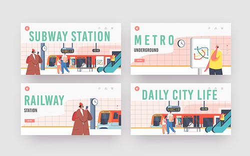 Subway Station Landing Page Template Set. People on Platform with Train, Escalator, Map, Clock and Digital Display. Characters at Public Metro, Urban Commuter Transport. Cartoon Vector Illustration