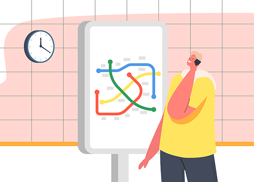 Male Character Speaking by Smartphone Stand at Metro Map in Subway Station. Man on Underground Platform Waiting Train. Passenger at Public City Commuter Tunnel. Cartoon People Vector Illustration
