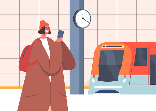 Passenger Girl at Public City Commuter Tunnel. Smiling Female Character Speaking by Smartphone Stand at Metro Subway Station Underground Platform Waiting Train. Cartoon People Vector Illustration