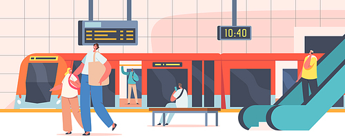 People at Subway Station, Male and Female Characters at Public Metro Platform with Train, Escalator, Clock and Digital Display, Urban Commuter, City Transport. Cartoon Vector Illustration