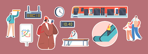 Set of Stickers People at Subway Station, Train, Escalator, Map, Clock and Digital Display. Male and Female Characters at Public Metro Platform, Urban Commuter Transport. Cartoon Vector Illustration