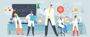 Schoolkids Conduct Experiment in Chemistry Class. Little Researchers Characters on Lesson in Classroom with Teacher Conducting Chemical Experiment with Equipment. Cartoon People Vector Illustration