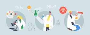 Set Experiment in Chemistry Class. Schoolkids with Microscope and Test Tube, Teacher Holding Beaker with Reagent Liquid. Characters on Lesson Conduct Chemical Research. Cartoon Vector Illustration