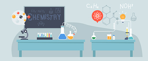 Chemistry Laboratory for Scientific Research, Empty Lab with Science Equipment, Microscope, Chalkboard, Beakers, Test Tubes with Reagents on Tables and Molecule Structures. Cartoon Vector Illustration