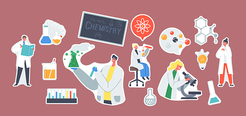 Set of Stickers Chemistry Experiment. Schoolkids with Microscope, Notebook and Test Tube, Teacher Holding Beaker with Reagent Liquid. Characters Conduct Chemical Research. Cartoon Vector Illustration