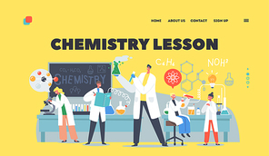 Chemistry Lesson Landing Page Template. Schoolkids Conduct Experiment in Class. Researchers Characters in Classroom with Teacher Conducting Chemical Experiment. Cartoon People Vector Illustration