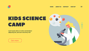 Kids Science Camp Landing Page Template. Chemistry Experiment, Girl with Microscope Research in Scientific Laboratory. Child Character on Lesson Conduct Chemical Research. Cartoon Vector Illustration