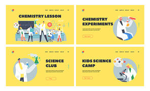 Chemistry Lesson Landing Page Template Set. Schoolkids Conduct Experiment in Class. Researchers Characters in Classroom with Teacher Conducting Chemical Experiment. Cartoon People Vector Illustration