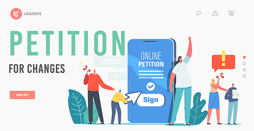 Collective Public Appeal Service Landing Page Template. Tiny Characters near Huge Smartphone Yell to Megaphone Call to Sign Online Petition Document for Changes. Cartoon People Vector Illustration