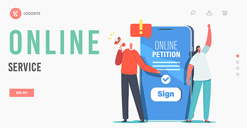 Document Signing Online Service Landing Page Template. Collective Public Appeal. Tiny Characters near Huge Smartphone Yell to Loudspeaker Call to Sign Petition. Cartoon People Vector Illustration