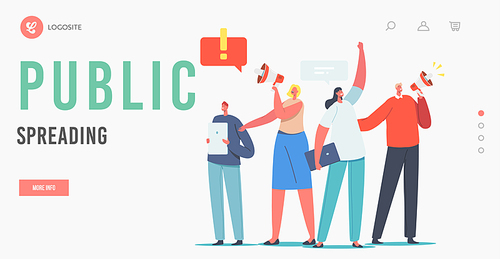 Public Spreading Landing Page Template. Characters Holding Digital Devices and Megaphone Call to Sign Online Petition. Law-abiding Dwellers Execute their Rights. Cartoon People Vector Illustration