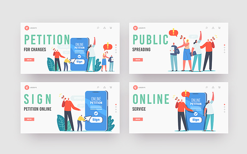 Collective Public Appeal Service Landing Page Template Set. Tiny Characters near Huge Smartphone Yell to Megaphone Call to Sign Online Petition Document for Changes. Cartoon People Vector Illustration