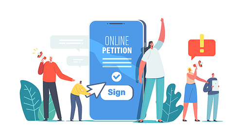 Tiny Characters near Huge Smartphone Yell to Megaphone Call to Sign Online Petition. Collective Public Appeal Service. Signing and Spreading Document for Government. Cartoon People Vector Illustration